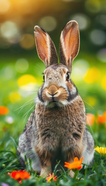 Cute easter bunny in green grass with colorful flowers around