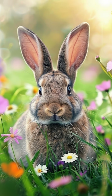 Cute easter bunny in green grass with colorful flowers around