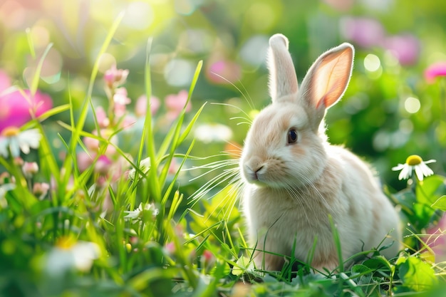 Cute easter bunny in green grass with colorful flowers around