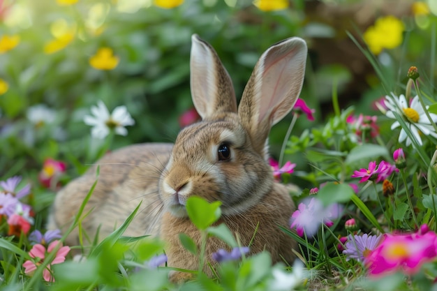 Cute easter bunny in green grass with colorful flowers around