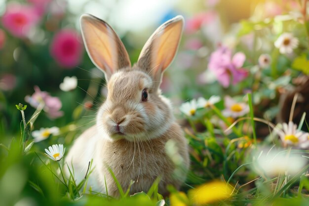 Cute easter bunny in green grass with colorful flowers around