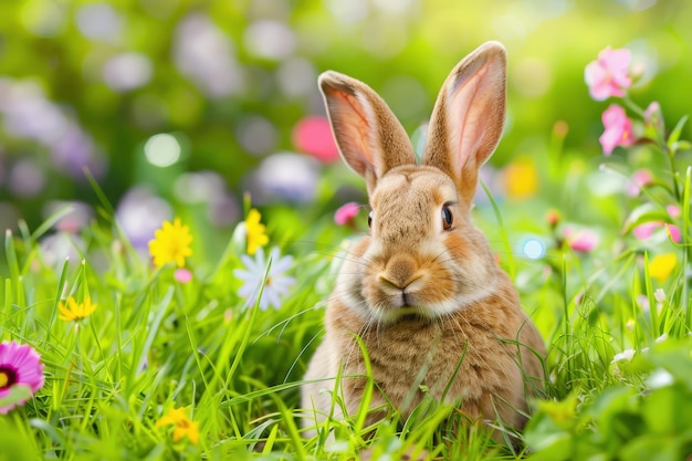 Cute easter bunny in green grass with colorful flowers around