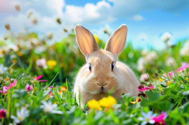 Cute easter bunny in green grass with colorful flowers around