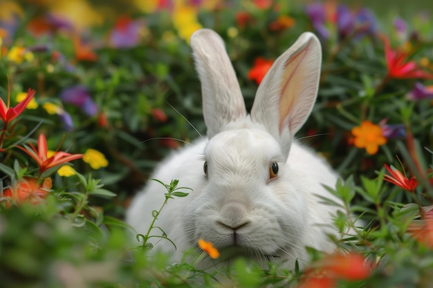 Cute easter bunny in green grass with colorful flowers around