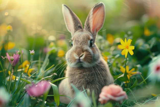 Cute easter bunny in green grass with colorful flowers around