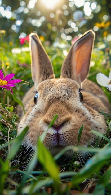 Cute easter bunny in green grass with colorful flowers around