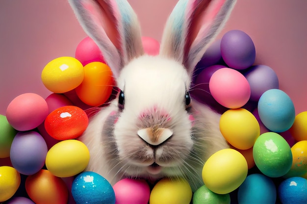 Cute Easter bunny hare in heap pile of dyed painted colorful eggs for spring holiday Generative AI