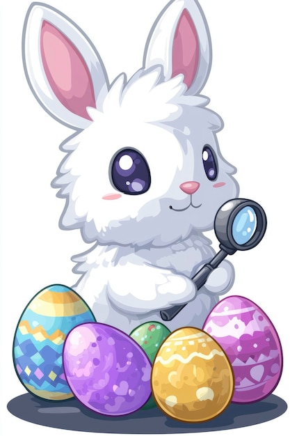 Photo cute easter bunny holding magnifying glass with easter eggs