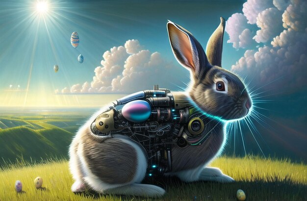 Cute Easter bunny Robot in unique Landscapes Happy easter day Cute bunny AI Generated