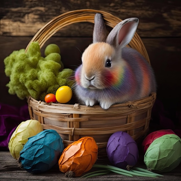 Cute Easter Bunny Surrounded by Colorful Eggs in Rustic Basket generated by AI