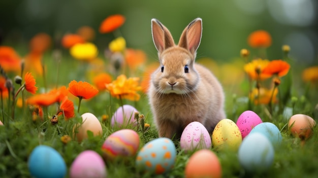 A cute Easter bunny with colorful eggs in a blooming field Nature holiday spring concepts