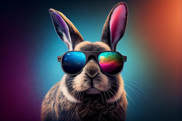 Cute easter bunny with colorful sunglasses on colorful background Generative Ai