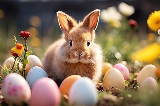 Cute easter bunny with decorated eggs and spring flowers on a green spring landscape by generative