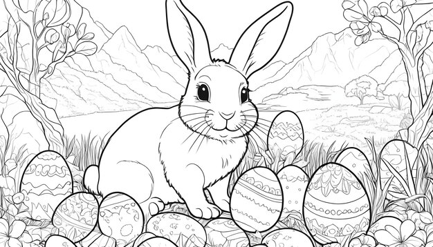 Cute easter bunny with easter in nature coloring page