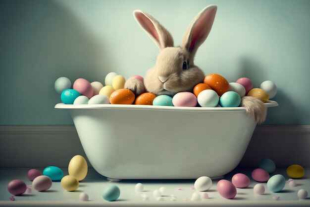 Cute easter bunny with many easter eggs in the bath tubGenerative AI