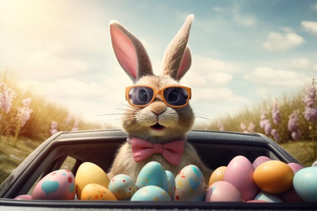 Photo cute easter bunny with sunglasses looking out of a car filed with easter eggs background