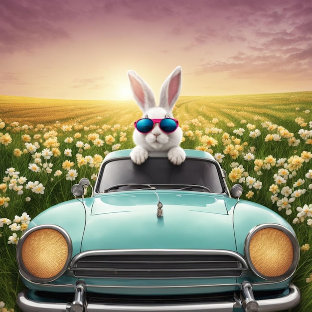 Photo cute easter bunny with sunglasses looking out of a car filed with easter eggs