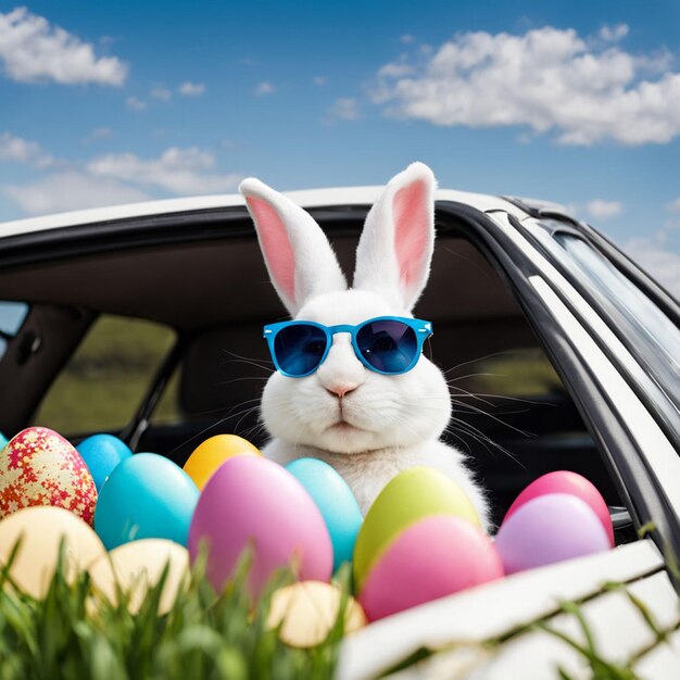 Photo cute easter bunny with sunglasses looking out of a car filed with easter eggs