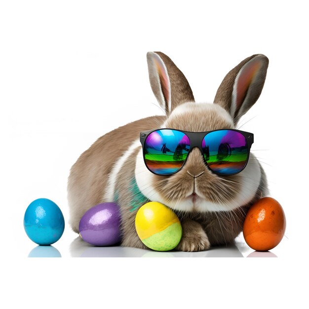 Photo cute easter bunny with sunglasses looking out of a car filed with easter eggs