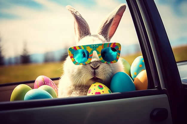 Cute Easter Bunny with sunglasses looking out of a car filed with easter eggsGenerative AI