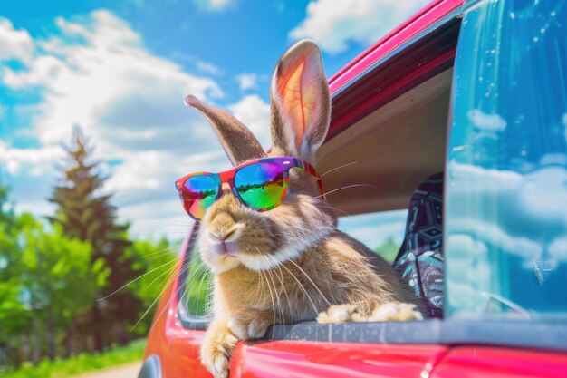 Photo cute easter bunny with sunglasses looking out of a car