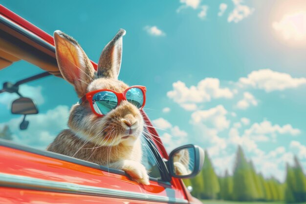 Photo cute easter bunny with sunglasses looking out of a car