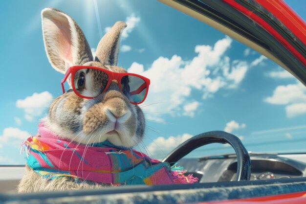 Photo cute easter bunny with sunglasses looking out of a car