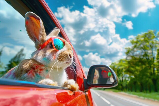 Photo cute easter bunny with sunglasses looking out of a car