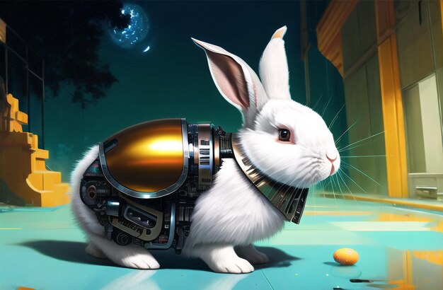 Cute Easter Rabbit robot in Landscape background Easter Holiday Celebration AI Generated