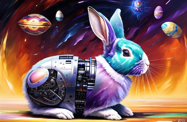 Cute Easter Rabbit robot in Landscape background Easter Holiday Celebration AI Generated