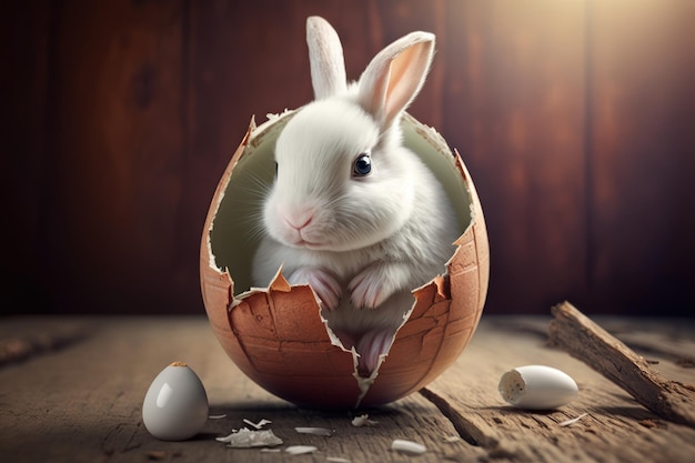 Cute easter realistic bunny rabbit inside a cracked egg Happy easter concept