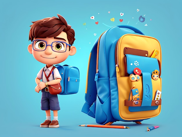 Cute education concept of a 3D image of a student back to school stationery background