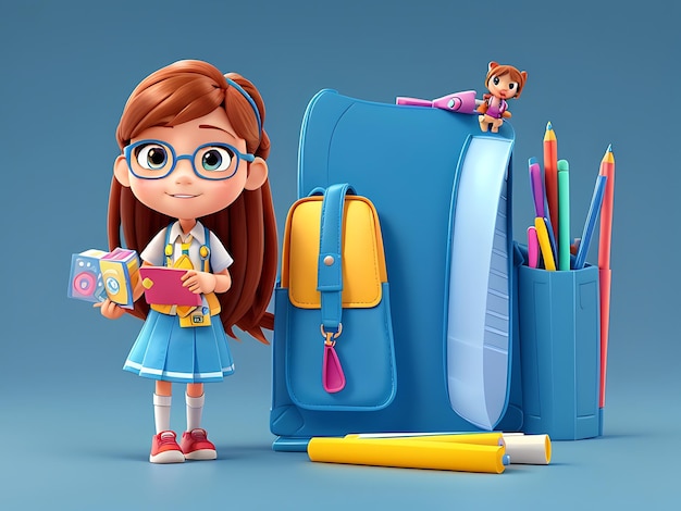 Cute education concept of a 3D image of a student back to school stationery background