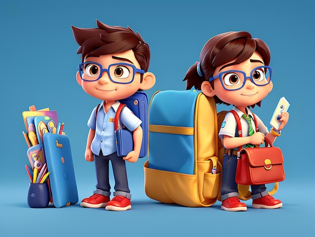 Cute education concept of a 3D image of students back to school stationery background