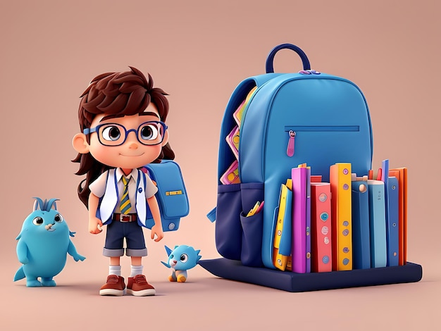 Cute education concept of a 3D image of students back to school stationery background