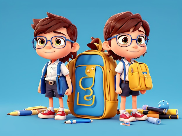 Cute education concept of a 3D image of students back to school stationery background