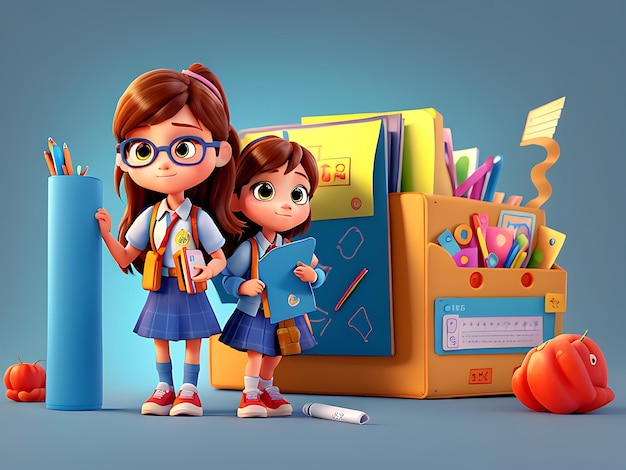 Cute education concept of a 3D image of students back to school stationery background