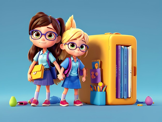 Cute education concept of a 3D image of students back to school stationery background