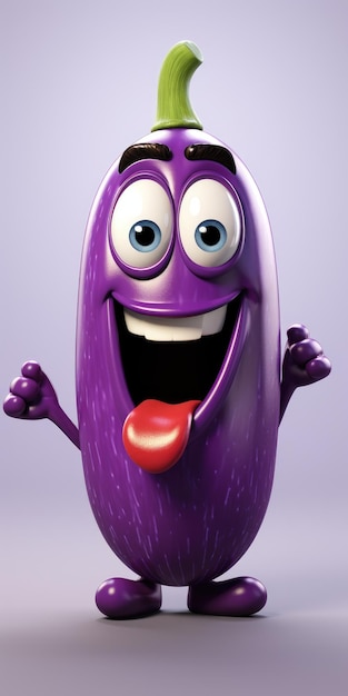 Cute eggplant 3d cartoon High quality photo Generative AI