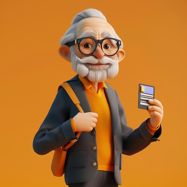 Cute Elderly Man with Digital Shopping List 3D