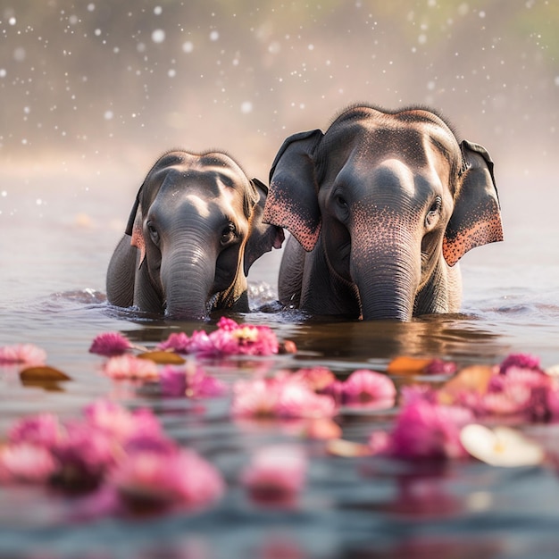 a cute elephant baby in river with lotus flower