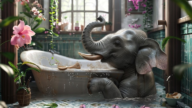 Photo cute elephant in bathtub pets cleaning