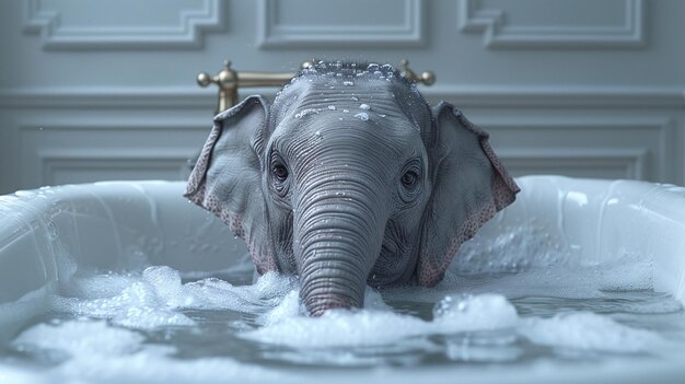 Photo cute elephant enjoying a relaxing bath in bathtub