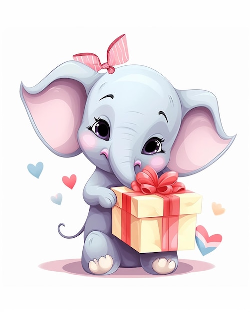 A cute elephant holding a red box with a bow on it