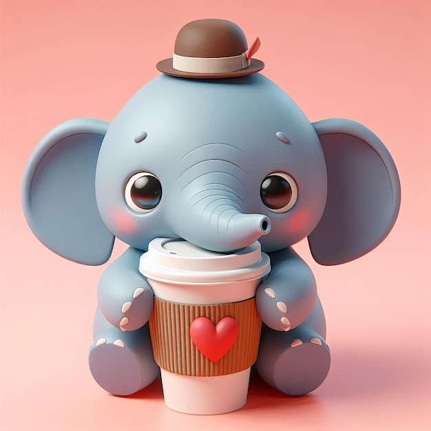 cute elephant hug coffee cup cartoon 3d