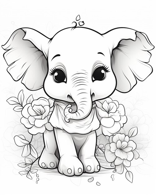 Photo cute elephant with flower coloring pages