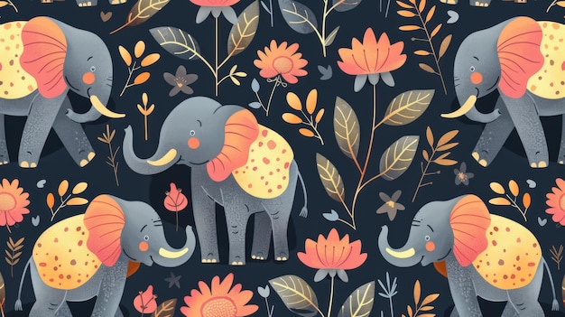 Photo cute elephants and flowers seamless pattern