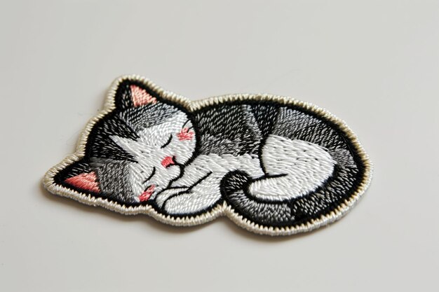 Photo cute embroidered cat patch featuring a sleeping kitten with grey and white fur ideal for clothing