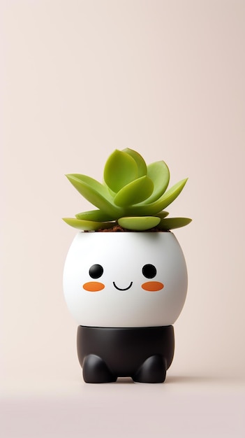 Cute emoji doll with succulent in the table portrait flat lay