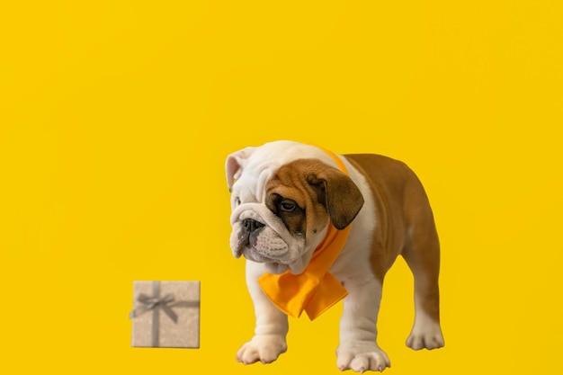 Photo cute english bulldog puppy on a yellow background a thoroughbred dog holidays and events